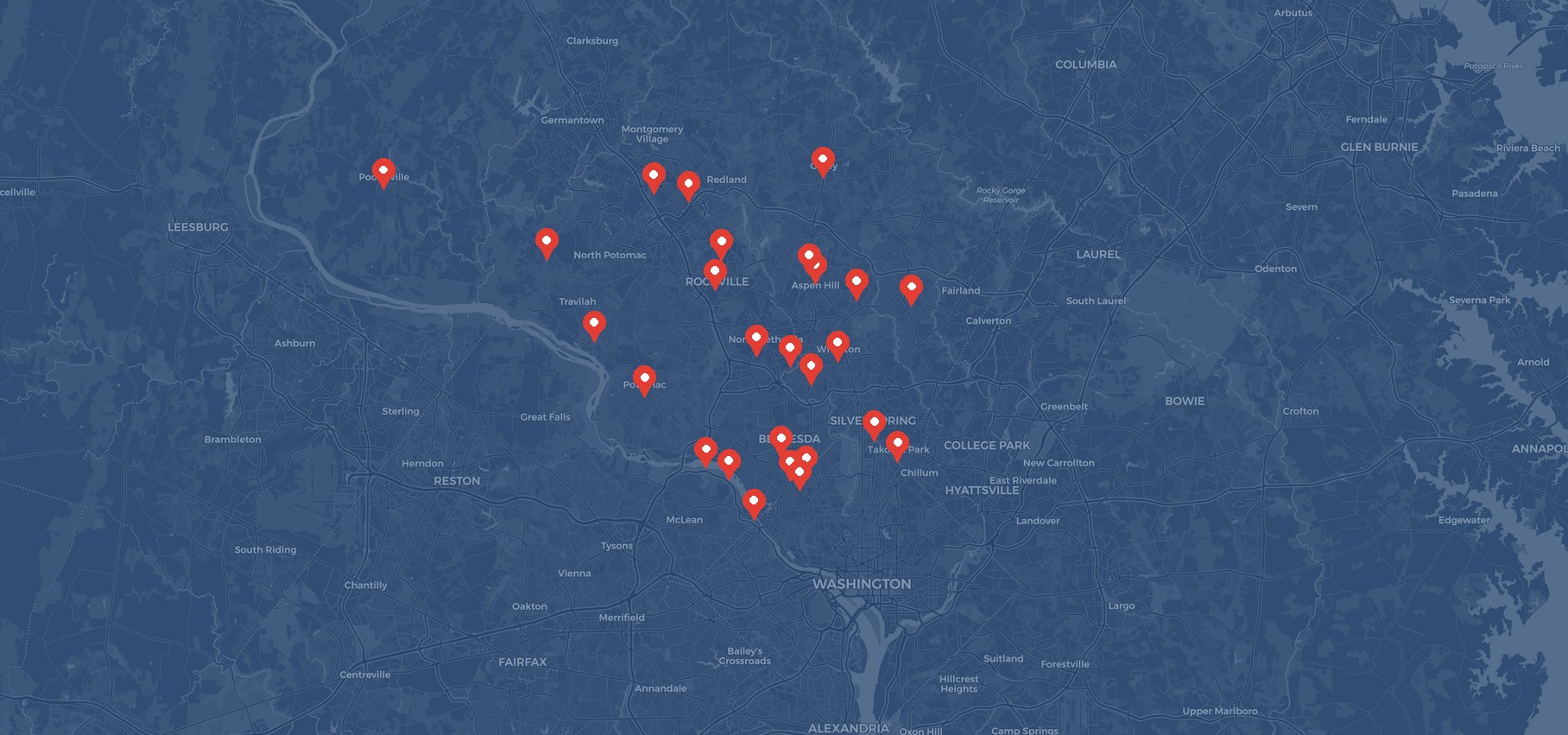 Map of Maryland with red pin markers indicating various city locations. Useful for finding the best Home Exterior Cleaning services in your area.