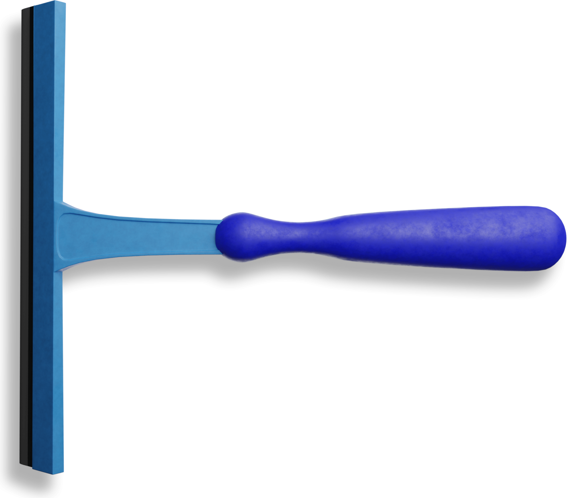 Blue window squeegee for home home exterior cleaning. Close-up of the cleaning tool with a dark blue handle and light blue blade.